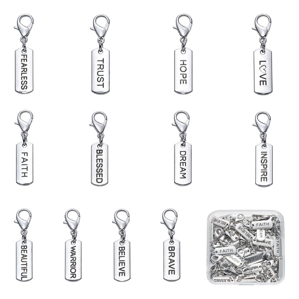 1569 48Pcs 12 Styles Zipper Pull Clip on Words Charms for Jewelry Making